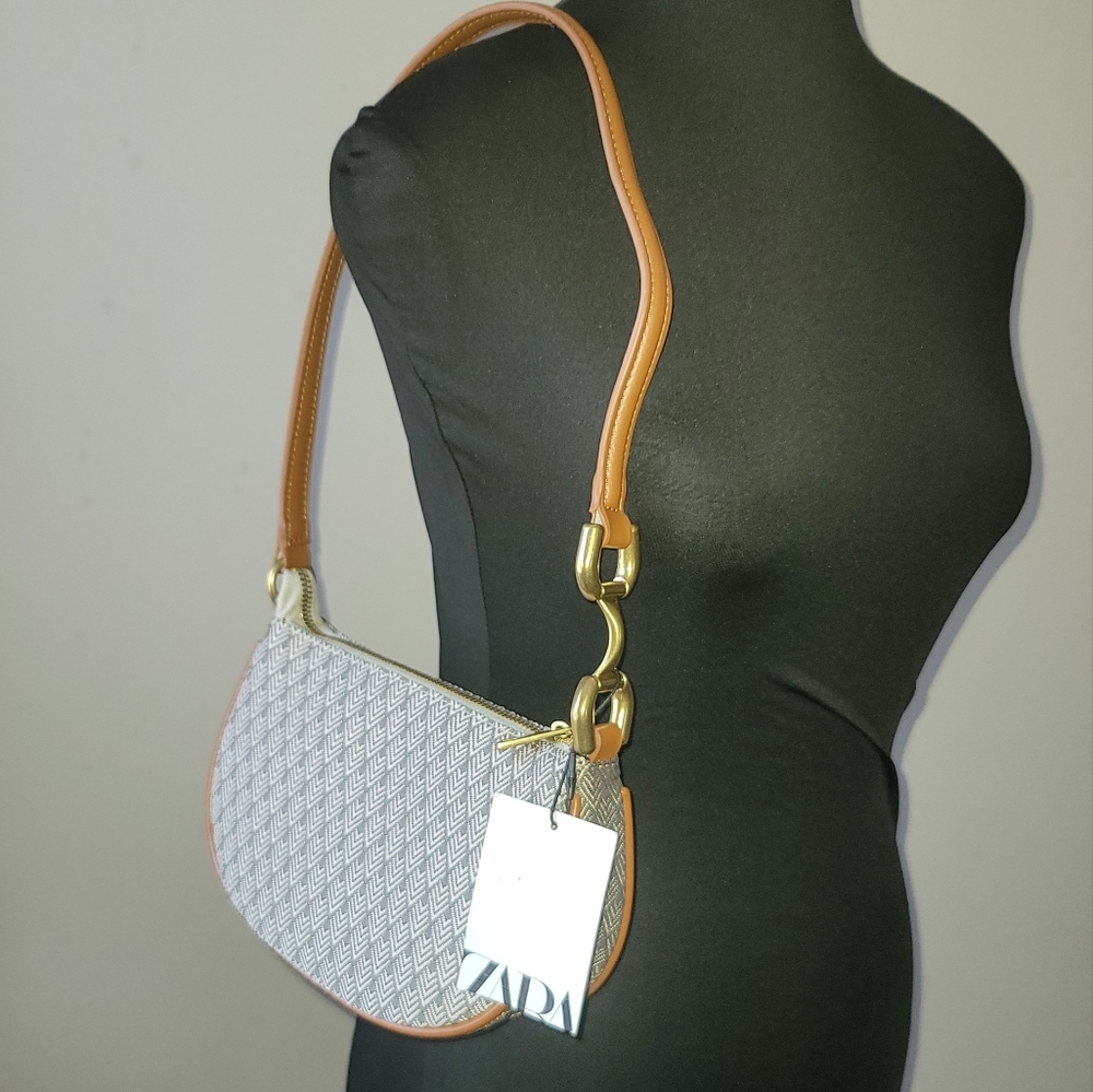Zara Geometric Gray and Tan Shoulder Bag with Gold Hardware